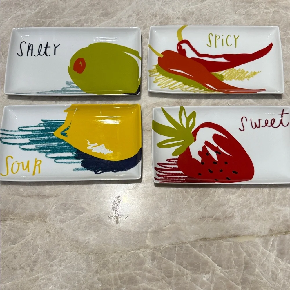 Crate&Barrel Set of 4 6”x10” appetizer plates : Sweet Salty Sour Spicy -EUC